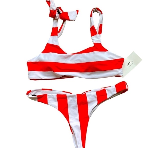 BNWT Zaful red/white striped thong bikini size L - Picture 1 of 7